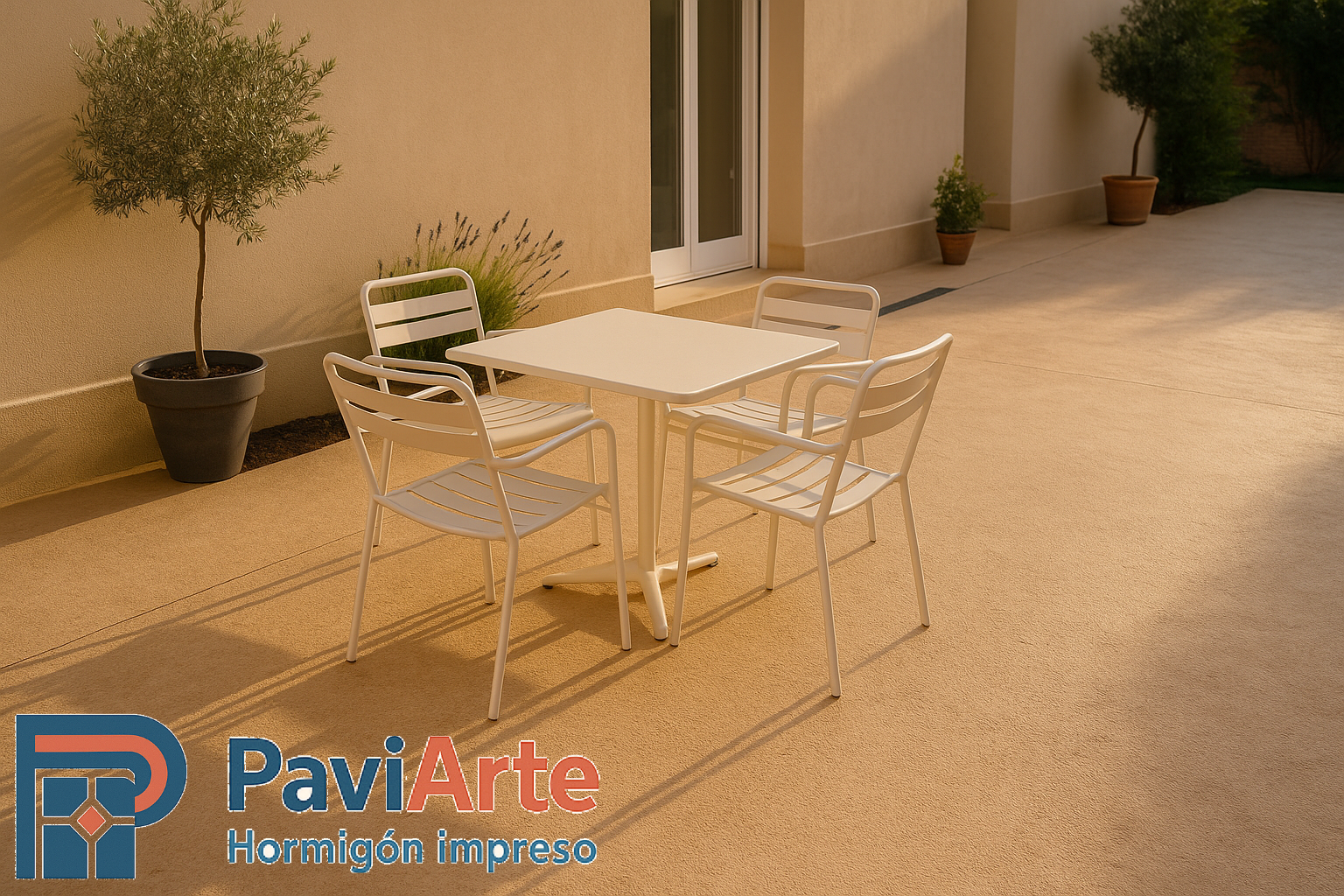 Patio en Guadarrama con hormigón impreso color árido tostado y microtextura fina