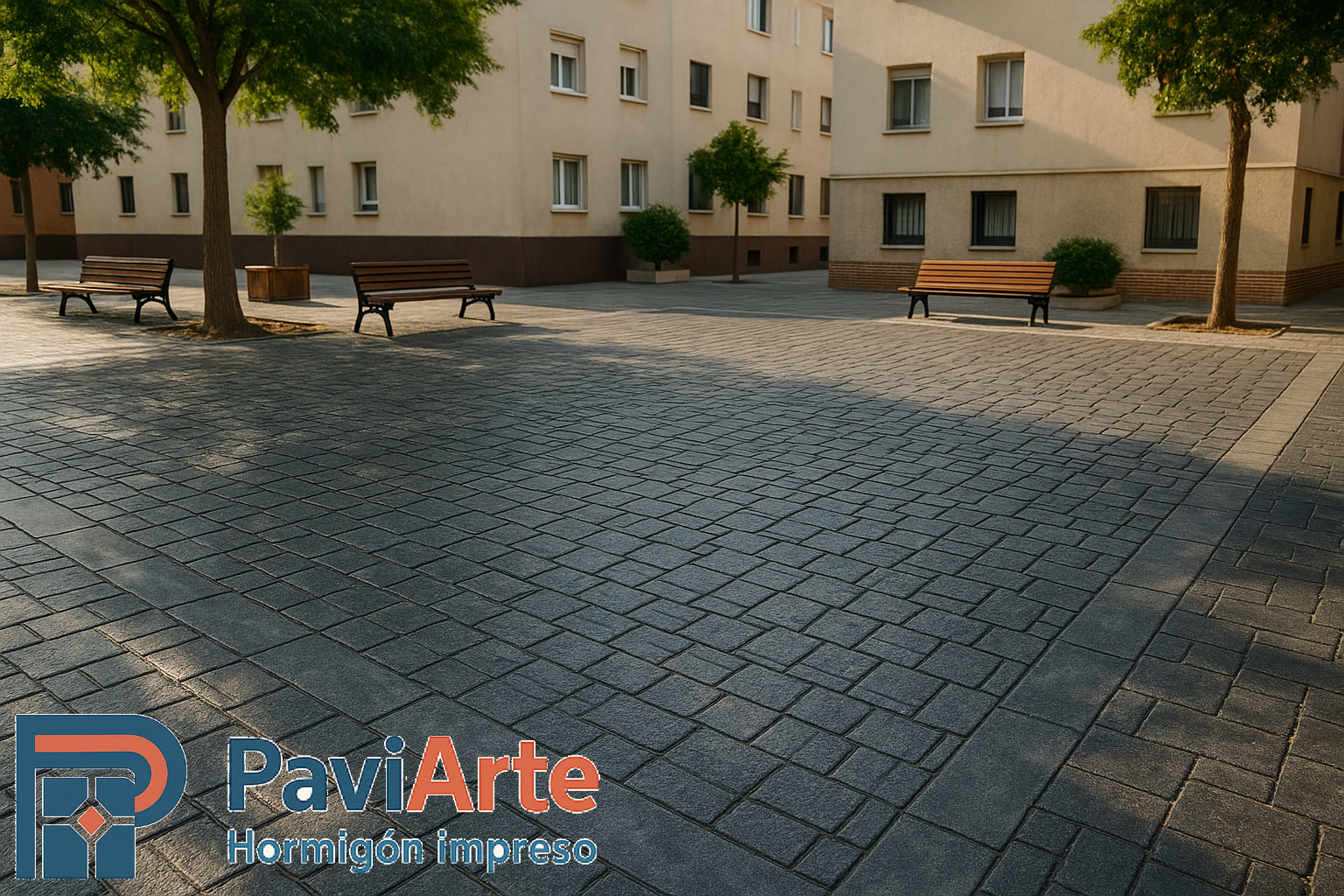 Explanada con adoquín romano en Guadarrama, patrón alterno y mobiliario urbano