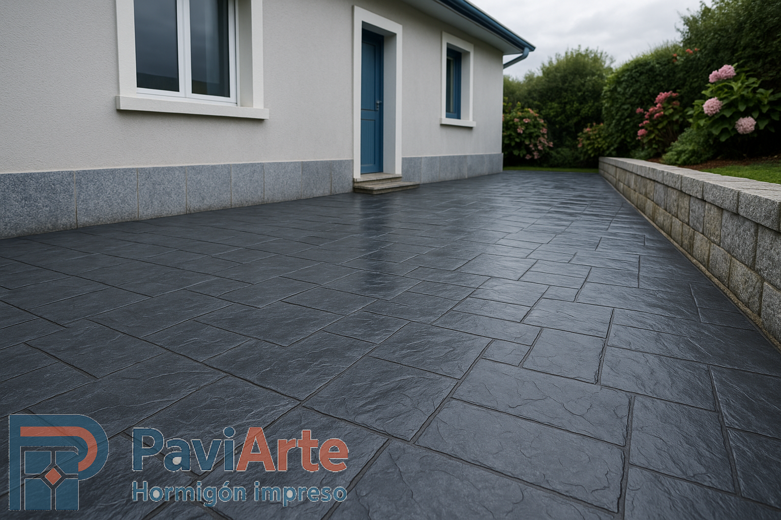 Hormigón impreso en Lugo: patio piedra pizarra