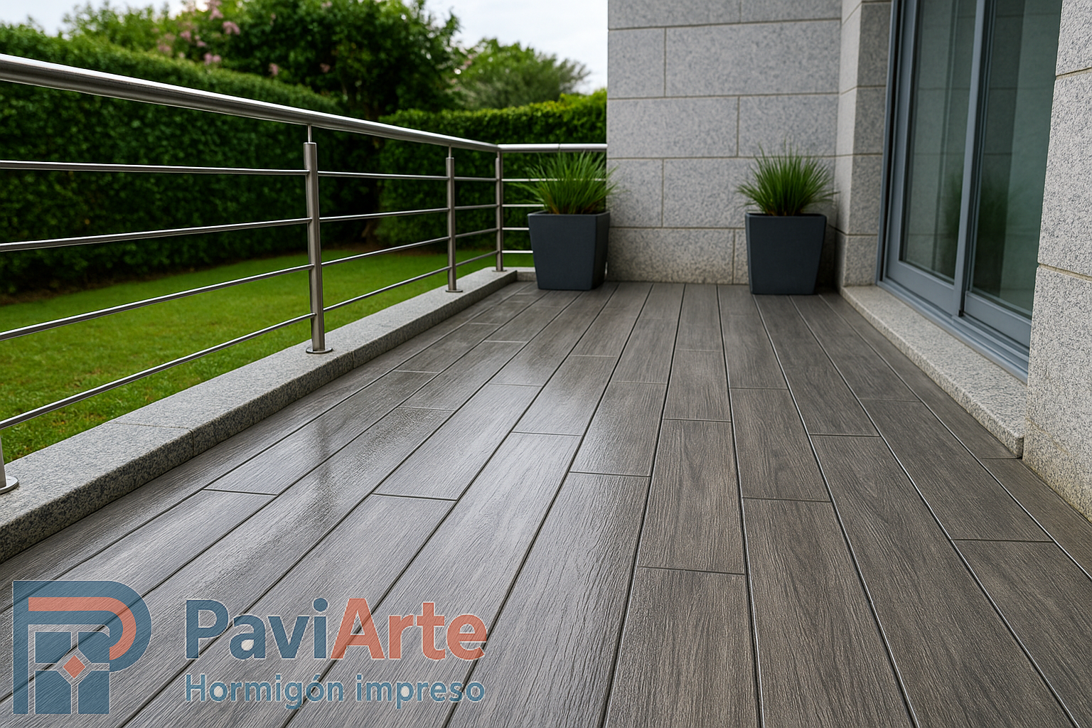 Terraza efecto madera en Vigo con hormigón impreso tablón gris lavado y barandilla minimalista, contraste con granito perimetral