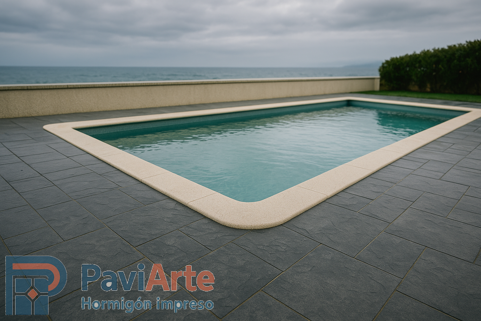 Perímetro de piscina en Vigo con hormigón impreso piedra pizarra gris claro, coping crema y textura de alto agarre