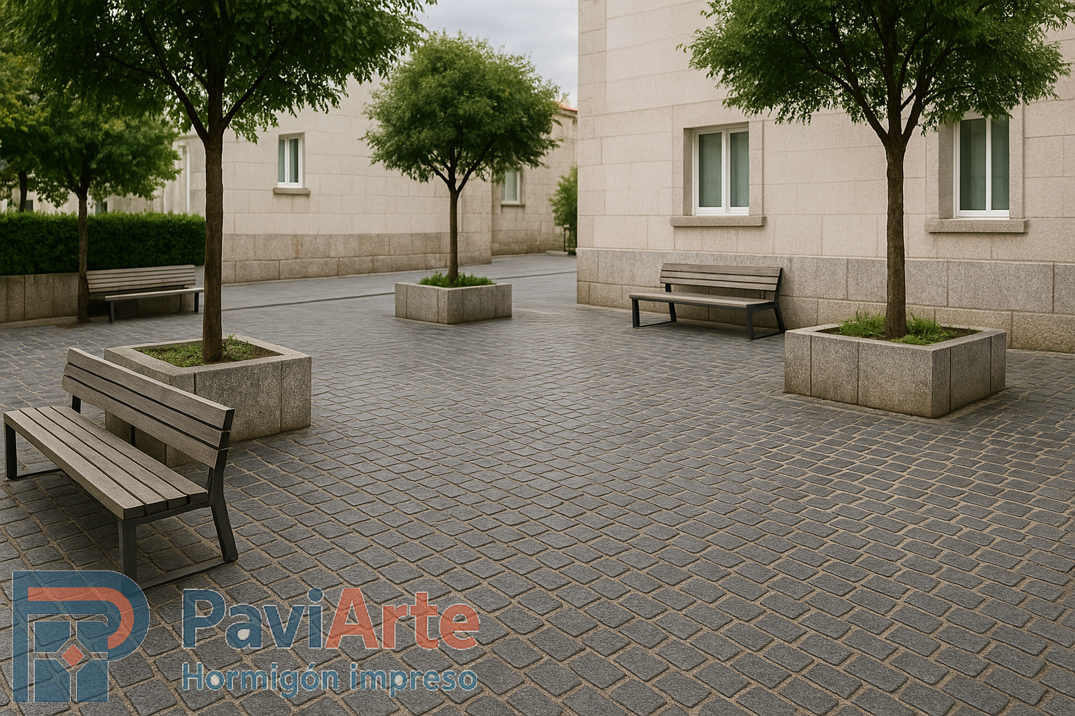 Explanada peatonal compacta en Vigo con adoquín romano gris y patrón alterno, bancos inox y madera bajo arbolado, sin personas